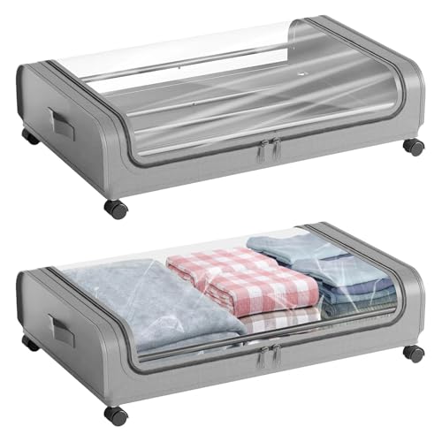 Crynvor 2 Piezas Cajas Almacenaje Ropa, Bolsas para Guardar Ropa, Organizador de Canape con Ruedas, Almacenaje Bajo Cama con Ventana Transparente, Zapatero Debajo de La Cama para Mantas Juguetes(Gris)