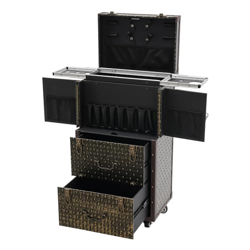 Headery Rolling Lockable Makeup Train Case Hairdressing Trolley Case Beauty Salon Cosmetic Luggage Travel Case Rectangular Makeup Beauty Case Organizer Tool Box,15.75 * 11.02 * 29.92 in,Brown