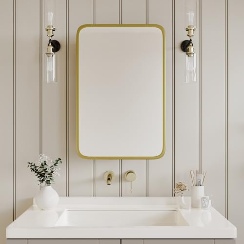 Image of Medicine Cabinet with Brushed Gold Metal Frame Mirror, Overall 16.5 inchx24 inch