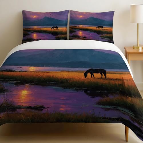 Housse de Couette 220 x 240 Cheval des prairies de Montagne Parure de Lit Style de Peinture à l'huile 3 Pièces 2 Personnes, Microfibre Douce et Respirante,...