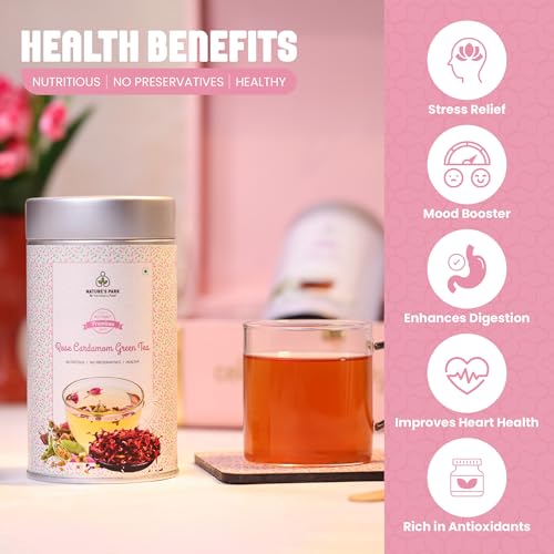 Image of Nature's Park - Rose Cardamom Green Tea - 100g - Natural Stress Reliever, Skin & Hair Health with Antioxidants - Made with 100% Loose Leaf, Natural Cardamom & Rose Petals - Herbal Tea