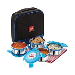 Cello Max Fresh Supremo Stainless Steel Lunch Box Set, 300ml, Set of 4, Blue