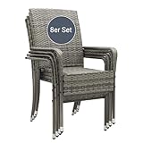 Juskys Sedie da giardino in polyrattan Yoro set da 8 con braccioli e schienale - 8 sedie impilabili - sedia in rattan per giardino - sedia impilabile grigio melange