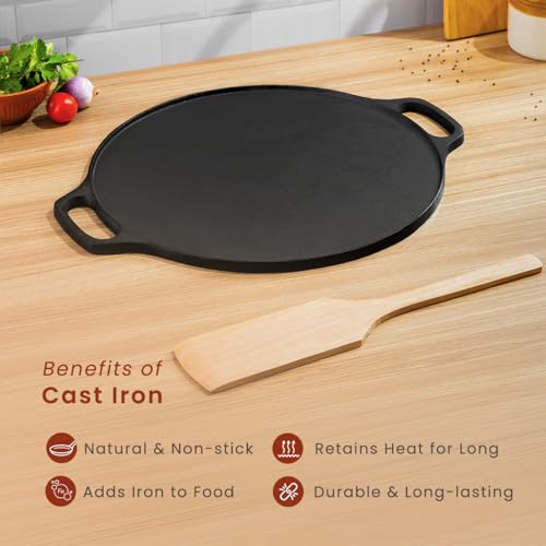Image of Cast Iron Dosa Tawa 12 Inch with Wooden Ladle, Pre-Seasoned, Naturally Non-Stick, 100% Pure & Toxin-Free, No Chemical Coating, Ideal for Cooking Dosa, Uttapam, Roti, Paratha, Pancakes