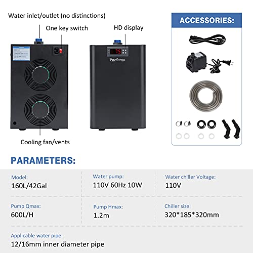 Poafamx 42gal Aquarium Chiller 1/10 HP Water Chiller for Hydroponics System Quiet Compressor Cooling Home Use Saltwater Freshwater Fish Tank Axolotl Coral Jellyfish with Pump and Pipe