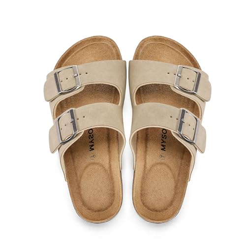 Image of mysoft Womens Flat Sandals Cork Footbed Slides with 2 Straps | Adjustable Buckle Slip On Comfortable Casual Light Weight Summer sandals