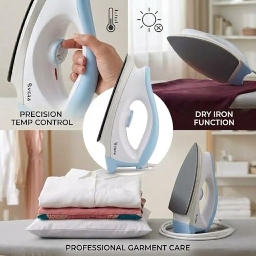 Image of SVERA Iron Turbo 1000W Dry Iron Box | Smooth Glide Non-Stick Soleplate Technology, Precision Temperature Control, Elegant Design & 2-Year Warranty (Blue & White)
