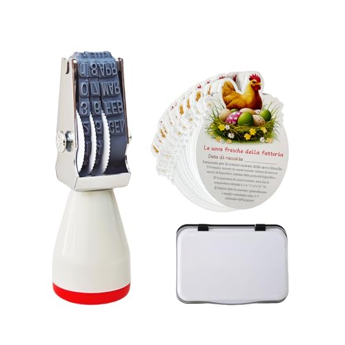 Homvik Kit Timbro Datario per Uova Fresche, Timbro 4 mm con Tampone Inchiostro Nero, 50 Schede di istruzioni per le Uova