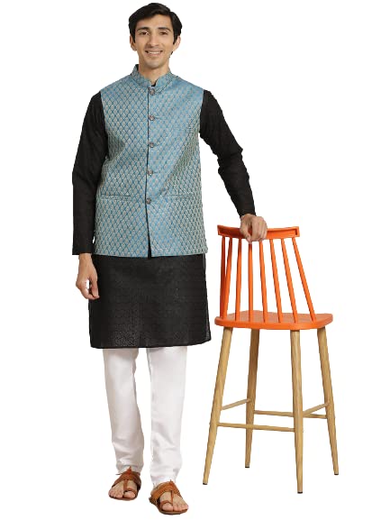 Image of SOJANYA (Since 1958) Men's Silk Blend Dark Green Kurta & Silk Blend Nehrujacket With Off White Churidar Pyjama Set
