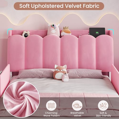 Image of DICTAC Full Size Girls Bed Frame with Storage Drawer and Safety Guardrails, LED Velvet Upholstered Princess Platform Bed with Wavy Storage Headboard and Charging Station,Heavy Duty Metal Support, Pink