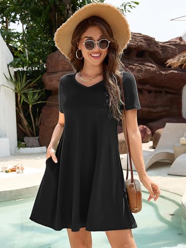 Image of KORSIS Dresses for Women Casual T-Shirt Summer Short Sleeve Loose Comfy Dress Swing Flowy Beach Vacation Sundress with Pocket
