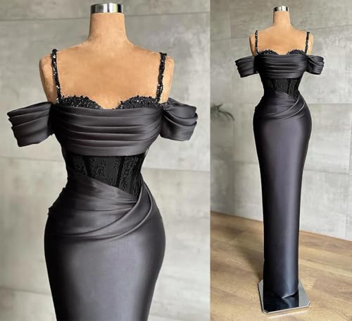 Jorshiman Womens Black Satin Spaghetti Straps Mermaid Lace Modern Floor Length Formal Wedding Party Dress4