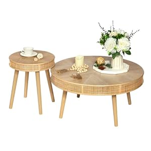 RUSTOWN 2-Piece Farmhouse Coffee Table, Modern Rustic Sofa Side Tea Tables, Solid Wood Finish with Crafted Rattan Side and End Table Sets for Living Room (Natural)