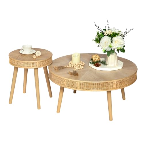 RUSTOWN 2-Piece Farmhouse Coffee Table, Modern Rustic Sofa Side Tea Tables, Solid Wood Finish with Crafted Rattan Side and End Table Sets for Living Room (Natural)
