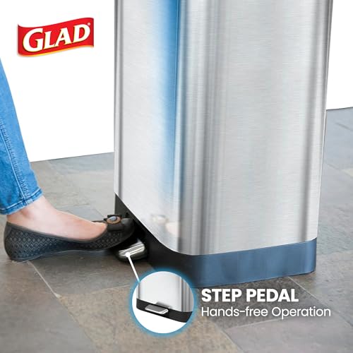Image of Glad Stainless Steel Step Trash Can with Clorox Odor Protection | Large Metal Kitchen Garbage Bin with Soft Close Lid, Foot Pedal and Waste Bag Roll Holder, 20 Gallon, Stainless
