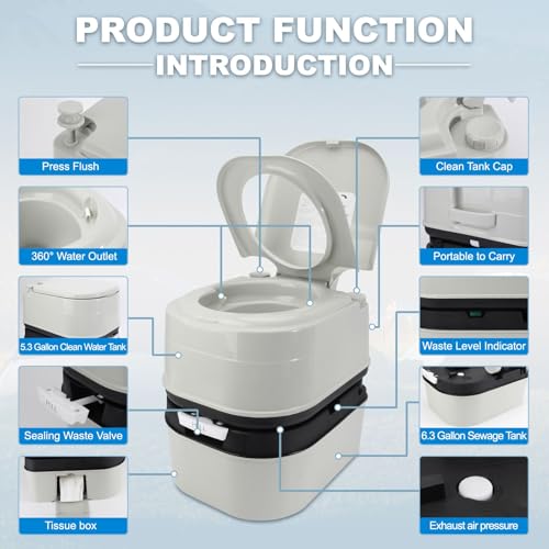 Portable Toilet, 6.4 Gallon 24L Piston Pump Flush with Level indicator Detachable Anti-Leak Handle Water Pump,Rotating Spout Indoor & Outdoor Hiking Toilet for Camping, Fishing Travel - Image 5