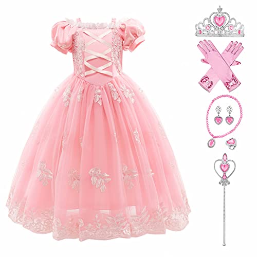 Cinderella Kleid Kostüme Kinder für Mädchen, Prinzessin Kleid Mädchen Tüll Maxikleid Cosplay Festlich Karneval Festkleid Maxikleid Geburtstagsfeier Fest-Kleid mit Zubehörteilen Baby rosa 9-10 Jahre