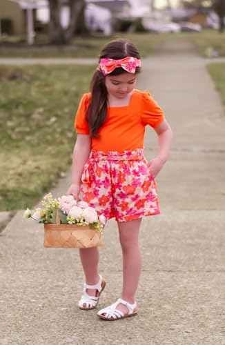 Image of Arshiner Toddler Girls 3 Piece Outfit Set Puff Sleeve Square Neck Top with Shorts and Matching Headband Summer Clothes 2T-8Y