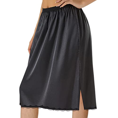 Women's Half Slips Underskirt For Under Dresses Solid Color Lace Trim Satin Underskirt Inner Lining Short Midi Skirt (Black Midi Skirt, Xxl) #TOP1