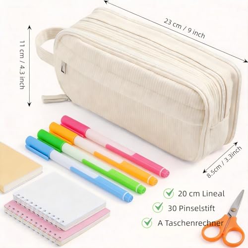 VICDUEKG Federmäppchen Cord-Stoff Mäppchen mit 4 Fächer Federtasche Große Schulmäppchen Erwachsene Mädchen Junge Schreibwarenbeutel Pencil Case für Schule Büro