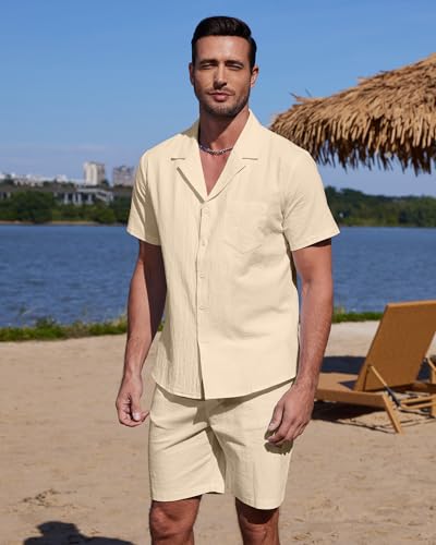 YAOHUOLE Herren 2 Stück Baumwolle Leinen Set Leinen Hemd Und Hose Herren Kurz Khaki 3XL