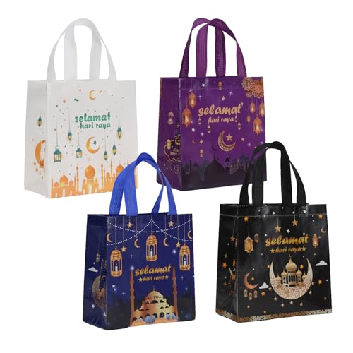 4PCS Eid Mubarak Reusable Gift Bags Assorted Sizes Treat Bags with Handles Ramadan Kareem Party Bag Ramadan Sweets Treat Bags for Gifts Wrapping Ramadan Kareem Party Supplies