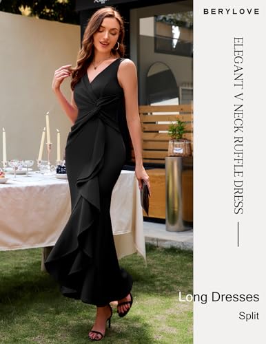 Image of BeryLove Formal Wedding Guest Evening Midi Ruffle Dresses Prom Cocktail Party Mother of The Bride Dress