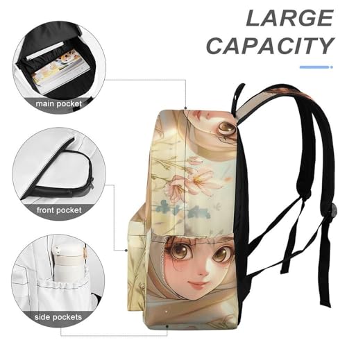 Cartoon Muslim Girl Backpack Travel Laptop Backpack Durable Lightweight Daypack with Spacious Main Compartment And Front Utility Pocket - Premium Backpack4