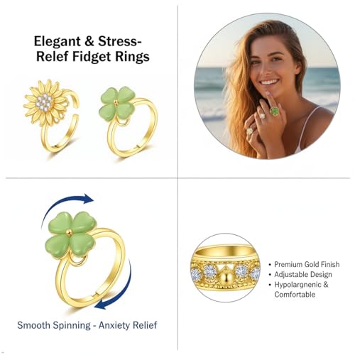 Liedrg 9pcs Gold Fidget Spinner Rings for Women, Adjustable Anxiety Rings with CZ Sunflower Moon Star Four Leaf Heart Bead, Stress Relief Jewelry Gift — view 4