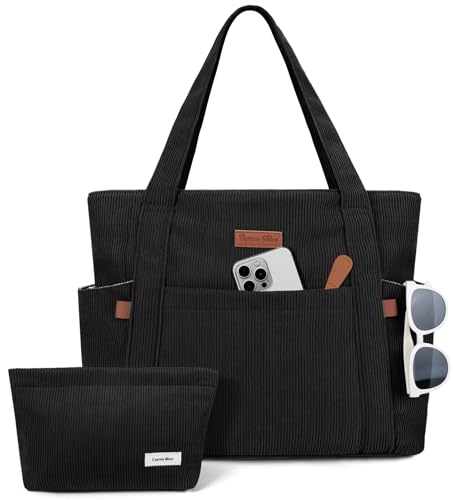 Captain Blues Cord Tasche Damen, Große Tote Bag mit Laptopfach, Shopper Tasche Damen mit Reißverschluss und weichem Baumwollfutter, Arbeitstasche für Uni, Schule, Lehrer (Schwarz)