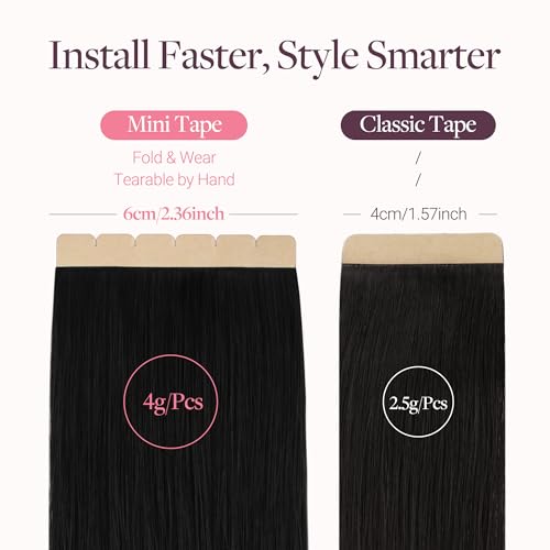 Image of GOO GOO Tape in Hair Extensions, Soft Skin Weft Seamless, Remy Human Hair | Mini Tape Cut to Fit, Easy Install, 16 Inch 40g 10PCS, 1 Jet Black