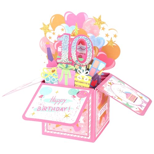 Carte 3D joyeux anniversaire 10 ans avec effet pop-up coloré et coffret cadeau Lasuroa