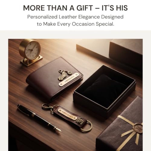 Image of Personalized Name & Charm Leather Wallet & Keychain (Dark Brown) Giftset for Men|Customized Birthday Anniversary Corporate Gift for Man|Gifts for Men|Secret Santa Gifts for Office Staff Dark Brown