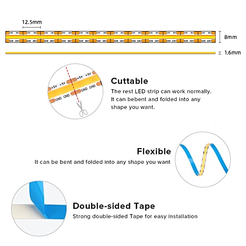 Image of USB LED Light Strip 6.56FT, 5 Volt USB Powered Dimmable COB LED Tape Lights, 4000K Natural White 8mm High Density Flexible Strips CRI90+ for TV Backlight Under Cabinet Lighting Bedroom Kitchen
