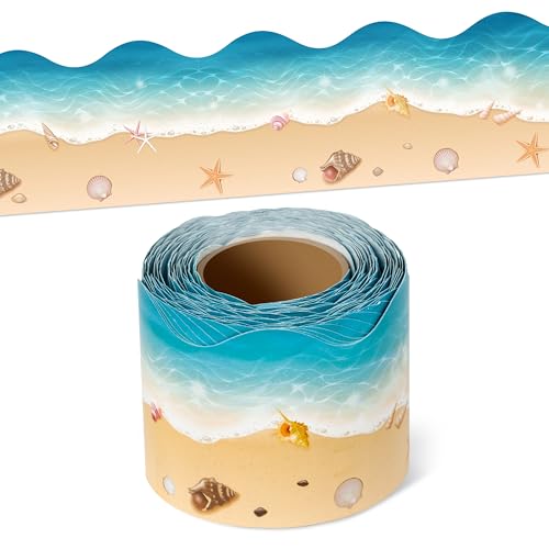 Image of BeYumi Beach Waves Border Trim - 65ft Back to School Ocean Rolled Border | Realistic Beach Sea Sand Coastal Summer Scalloped Bulletin Board Set Classroom Office Chalkboard Party Holiday Decoration