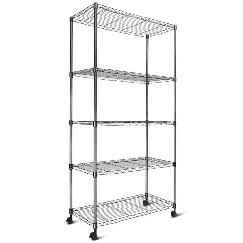 Whitmor 5 Tier Shelving Unit, Adjustable Storage Shelves with Wheels, 400 lbs Capacity per Shelf,...