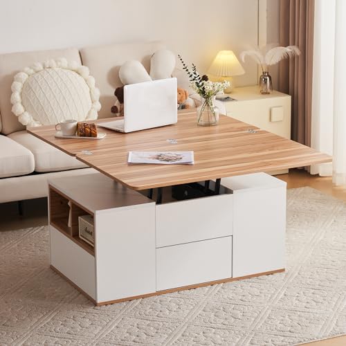 Mesa de Centro Multifuncional Elevable Con 2 Niveles   Gran Capacidad, Muebles Modernos de Salón, Comedor y Oficina, Diseño Multifuncional (Blanco+Amarillo Marrón)