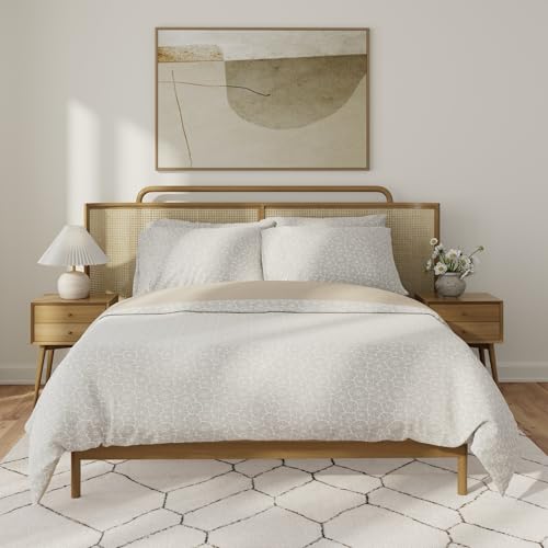 Image of QuickZip Duvet Cover with Zipper Closure - Ultra Soft Long-Staple 100% Cotton, Oeko-Tex Certified, Durable Interior Corner Ties, Corner Clips, Full /Queen, Reversible Bloom /Sand (Sateen)