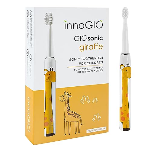 innoGIO GIOsonic Giraffe Children's Electric Toothbrush – Rechargeable USB Included, Silicone Handle, 3 Modes, Timer 2 min, Suitable for Children Between 3 and 12 Years, Orange (4 Heads Included)