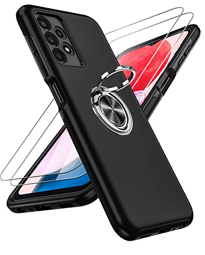 LeYi Coque pour Samsung Galaxy A13 4G avec 2 Verre Trempé Vitre Protection et Anneau Telephone, Rigide Militaire PC et TPU Silicone Etui Antichoc Housse pour Samsung A 13 4G - Noir