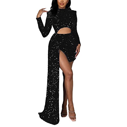 Robe noire paillettes femme manche longue et coupe mini sexy