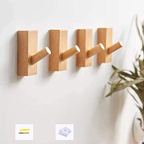 HomeDo 4Pack Wooden Coat Hooks Wall Mounted,Adhesive Decorative Single Organizer Hat Rack,Wood Heavy Duty Entryway Wall Hangers for Hanging Towels, Clothes, Bags (Rectangle Beech, 4Pack)