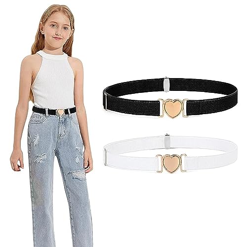 SXCCNW Gürtel Kinder, 2 Stück Elastische Gürtel für Mädchen, Herzform Gürtel Ohne Schnalle Verstellbare Elastische Gürtel für Kleider Jeans Hose Uniform Schwarz Weiß