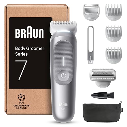 Braun Bodygroomer Series 7, Elektrischer Körperrasierer Herren mit 8 Zubehörteile, Kabelloser Trimmer für Intimbereich und Körper, 100 Min Akku, Wasserdichter Körperhaartrimmer, BG7555, Grau