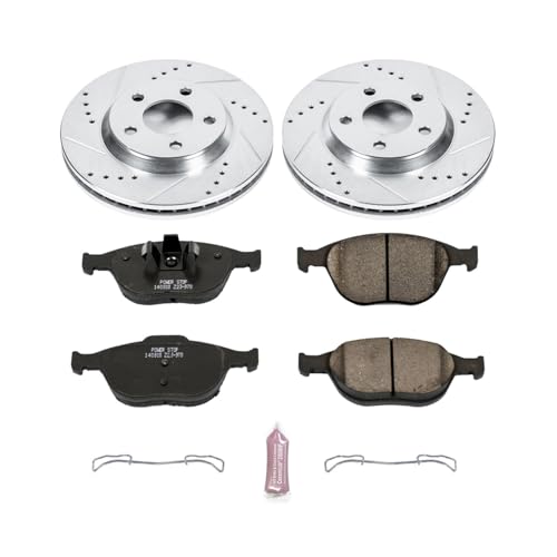 Image of PowerStop Front Brake Kit for Buick LeSabre 2005 |Park Avenue 2005 |Cadillac DeVille 2005 - Drilled and Slotted Disc Rotors with Carbon-Fiber Ceramic Brake Pads Replacement, K5137