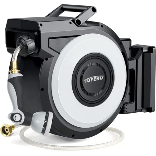Tuyeho Retractable Garden Hose Reel 100FT, Wall Mount Heavy Duty Water Hose Reels with Automatic...