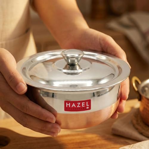 Image of HAZEL Copper Bottom Handi Small 850 ml with Lid | Stainless Steel Cookware Handi | Copper Bottom Vessels for Cooking | Steel Utensils for Kitchen | Small Steel Vessels for Cooking