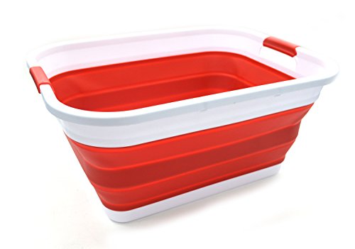 Image of SAMMART Collapsible Plastic Laundry Basket - Foldable Pop Up Storage Container /Organizer - Portable Washing Tub - Space Saving Hamper /Basket (Rectangular, Red)