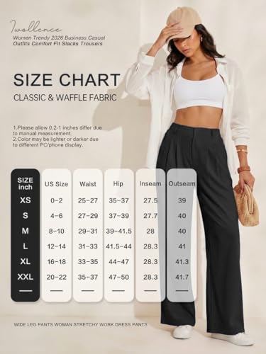 IWOLLENCE Women Wide Leg Pants Waffle Stretchy Work Dress Pants Business Casual Outfits Slacks Trousers Black — view 6