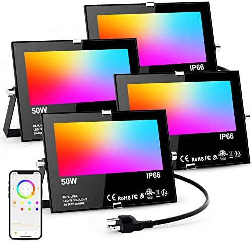 Flood Lights Outdoor RGB, 500W Equivalent Smart Color Change & Daylight 5700K Landscape Light, IP66 Waterproof Patio Lights via App Control, Indoor Ambient Lighting, DIY Scenes/Music Sync/Timing-4Pack